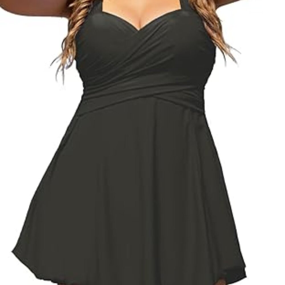 NWT-COCOPEAR SWIM DRESS,SKIRTED,SHORTS UNDER SKIRT BUILT IN BRA,2XL,BLACK COLOR